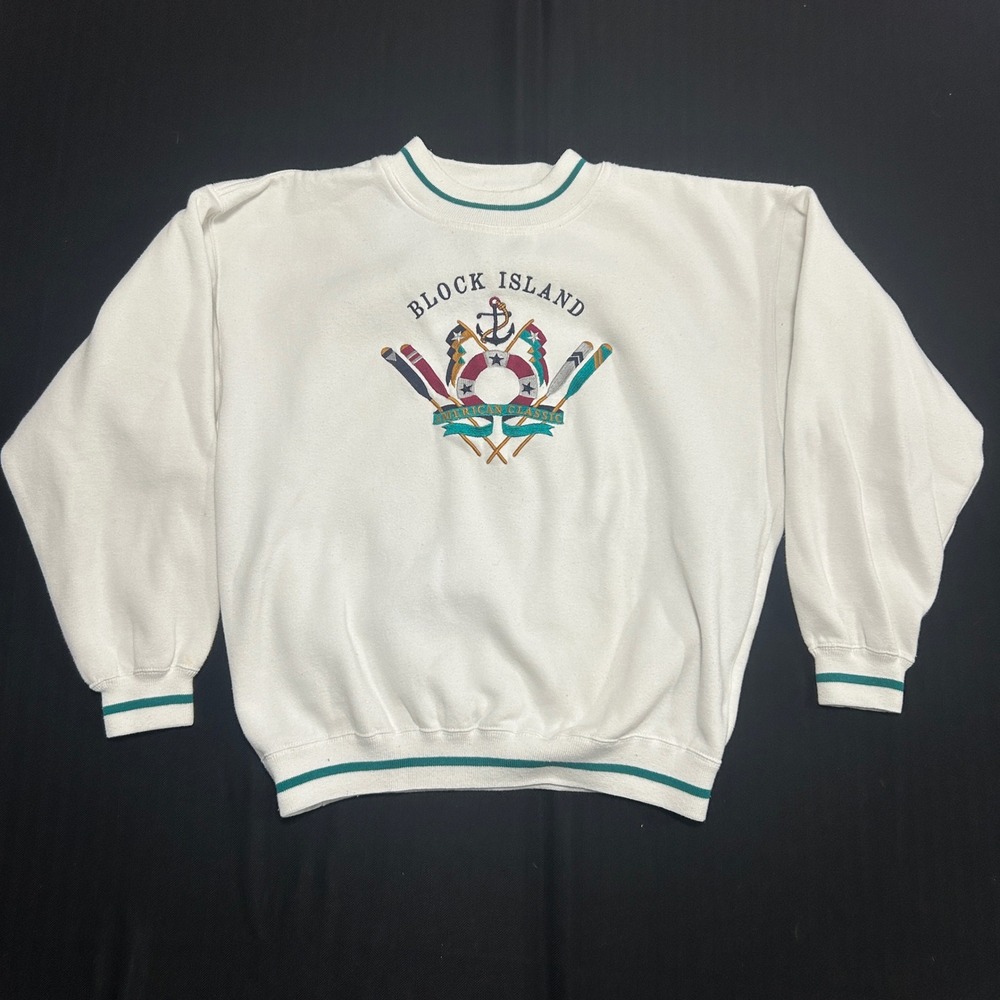Vintage Gear for Sports Block Island Sweatshirt White Teal Large 90s Nautical